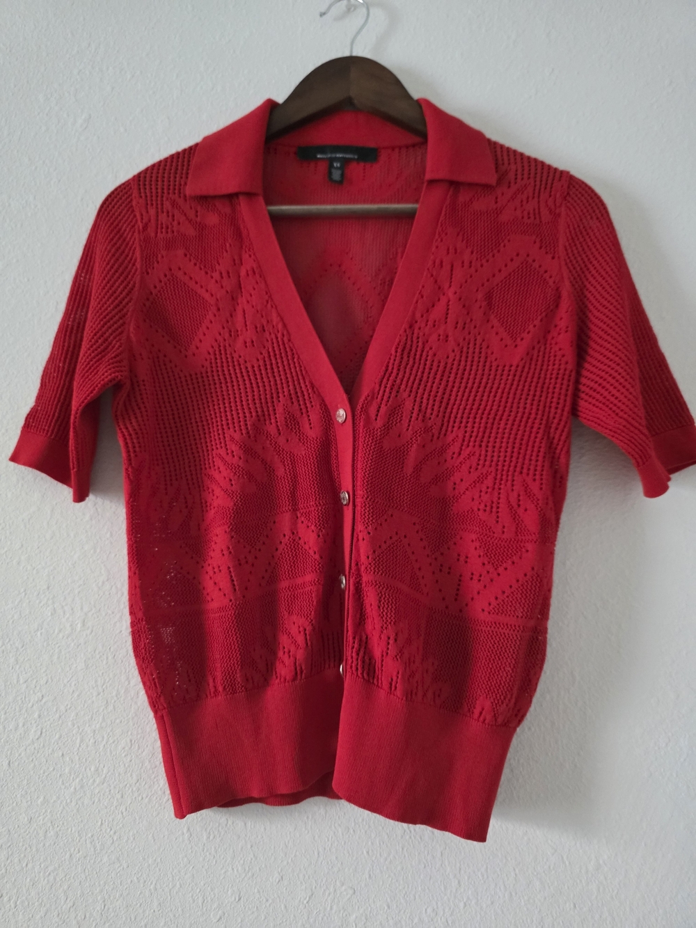 Red Short-Sleeve Knit Cardigan Sweater